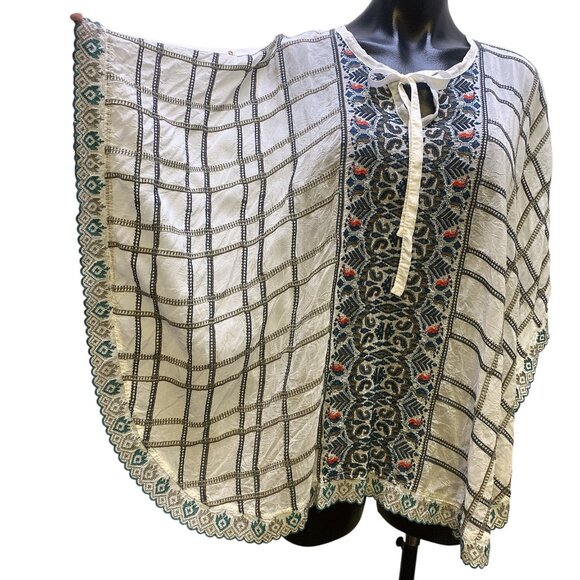 Johnny Was White w/Multicolored Embroidery Sheer Poncho Top Blouse Small - Picture 3 of 7